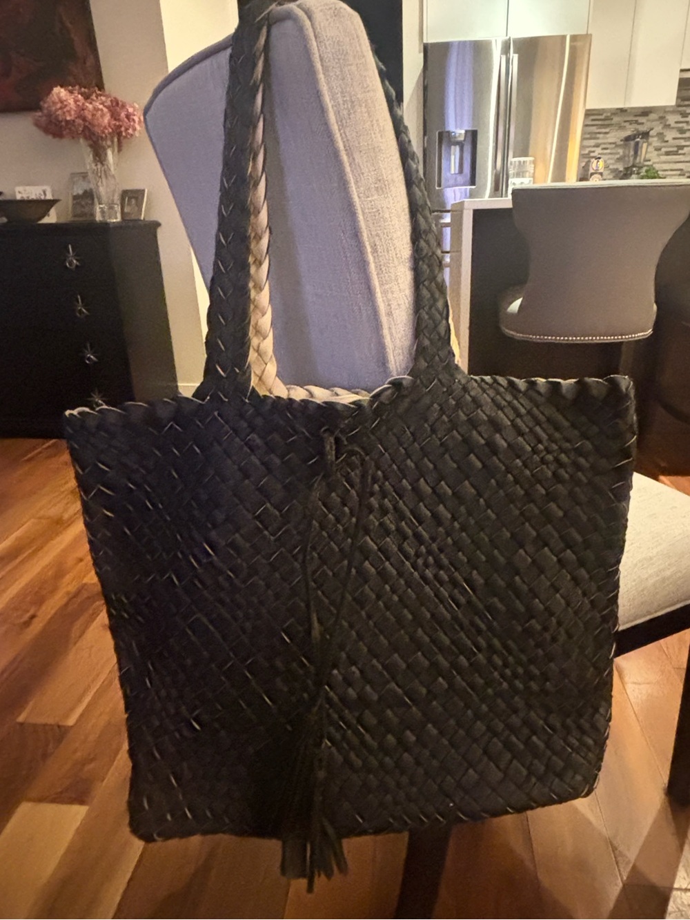 Black Woven Tote Bag with Tassel Handles